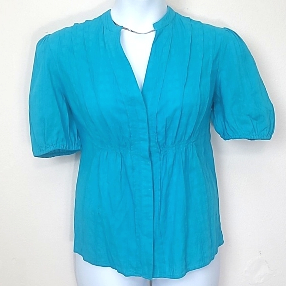 Button up blouse short sleeve turquoise blue 100% cotton kim rogers